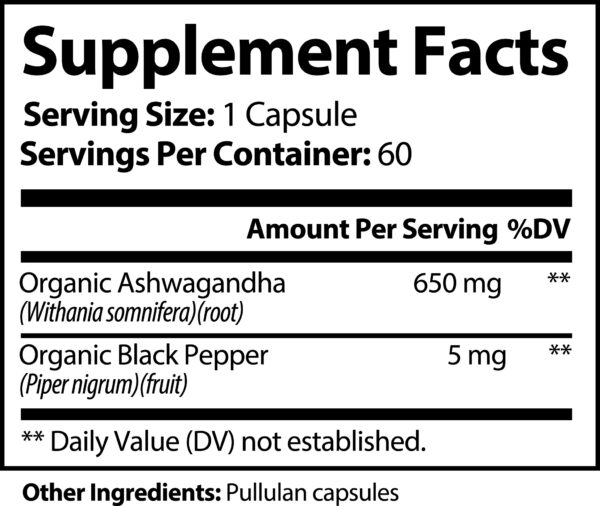 Ashwagandha with Black Pepper – 650mg Organic Root | Stress, Energy, Sleep & Immunity | 60 Capsules