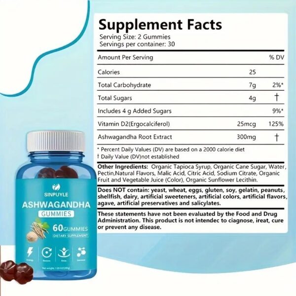 Ashwagandha Gummies – Stress Relief, Energy & Relaxation | 300mg Ashwagandha + Vitamin D2 | 60 Gummies